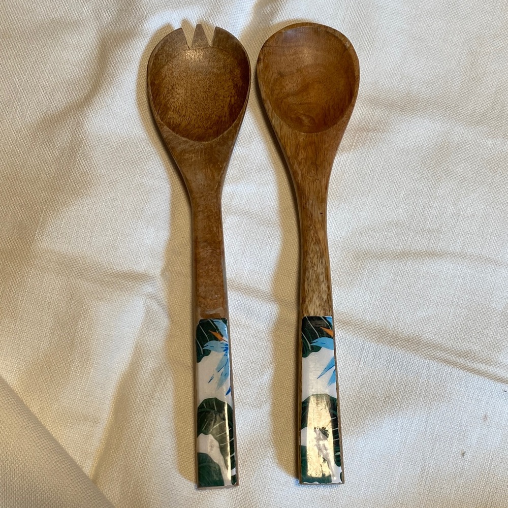 Wooden Salad Servers with Blue & green Accents
